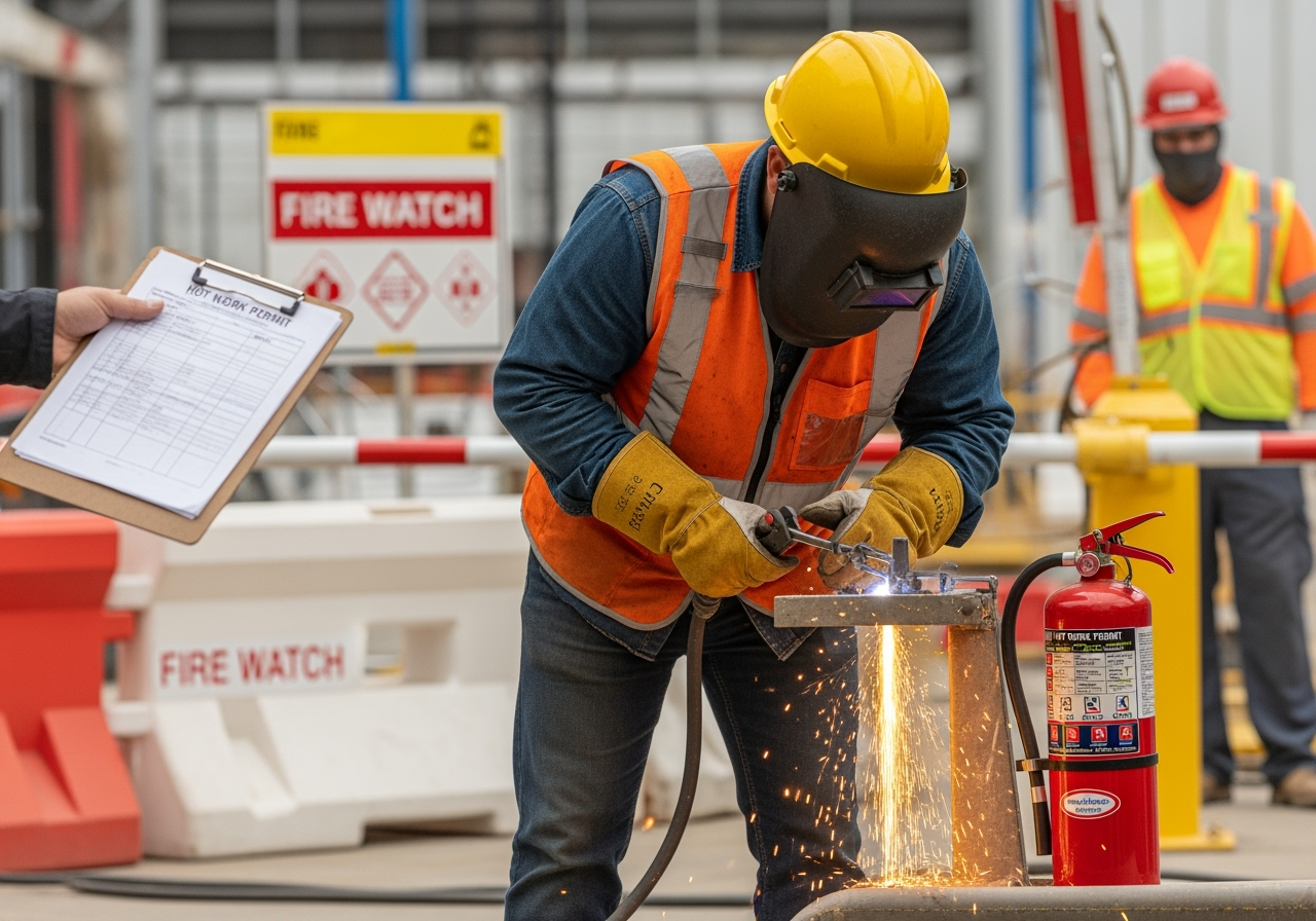 blonde woman looking at a computer screen with yellow hard hat on the desk